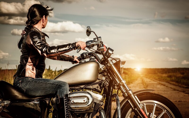 Woman on Motorcycle — Brown, Dramatic, Sunset, Photograph, Road