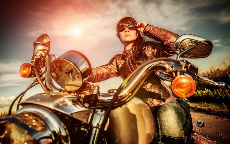 Woman on Motorcycle — Brown, Dramatic, Sunset, Photograph, Sunglasses, Leather Jacket