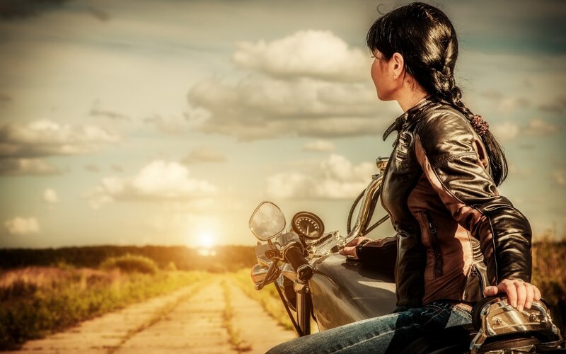 Woman on Motorcycle — Brown, Serene, Sunset, Photograph