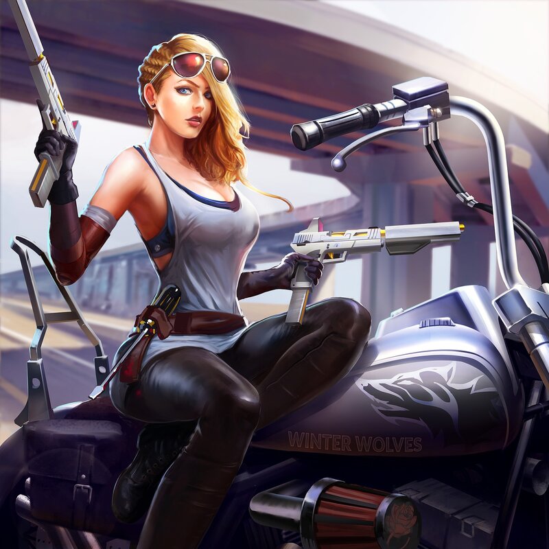 Woman on Motorcycle — Gray, Confident