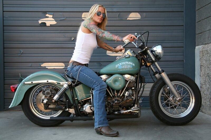 Woman on Motorcycle — Green, Confident, Afternoon, Photograph