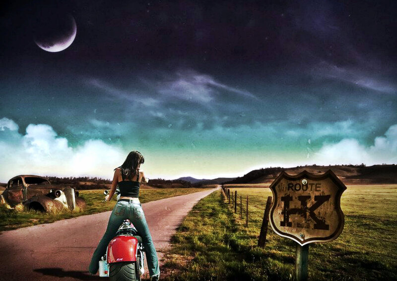 Woman on Motorcycle — Green, Dramatic, Night, Digital Art, Road Sign