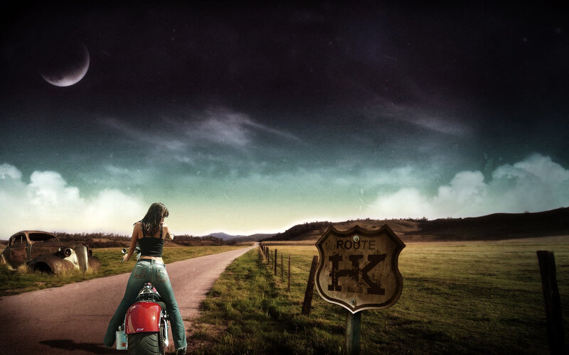 Woman on Motorcycle — Green, Dramatic, Night, Digital Art