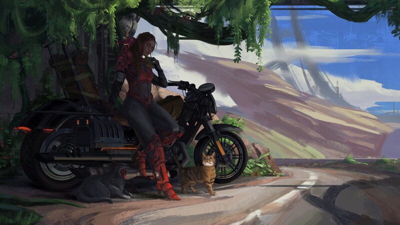 Woman on Motorcycle — Green, Serene