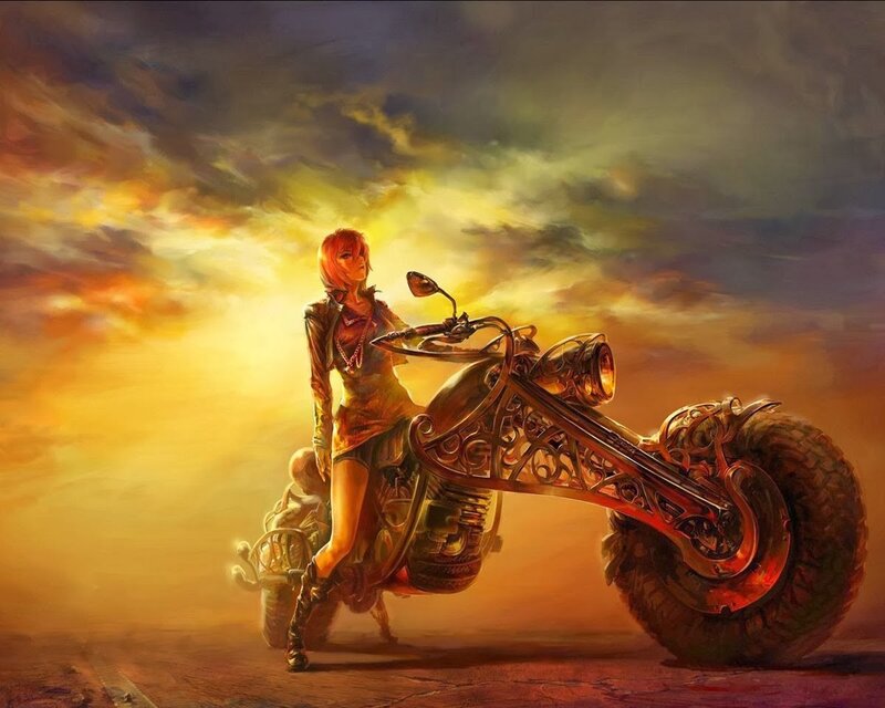 Woman on Motorcycle — Orange, Dramatic, Sunset, Digital Art, Sky