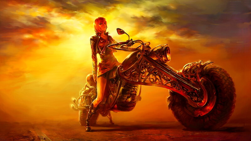 Woman on Motorcycle — Orange, Dramatic, Sunset, Digital Art