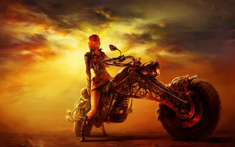 Woman on Motorcycle — Orange, Dramatic, Sunset