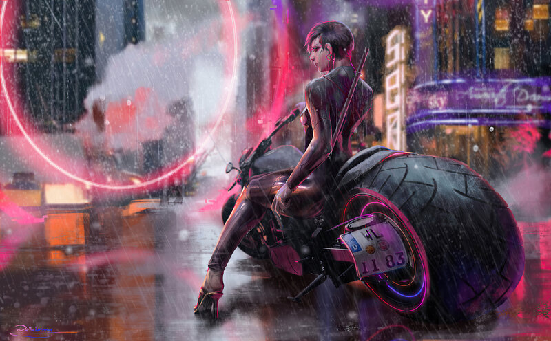 Woman on Motorcycle — Pink, Dramatic