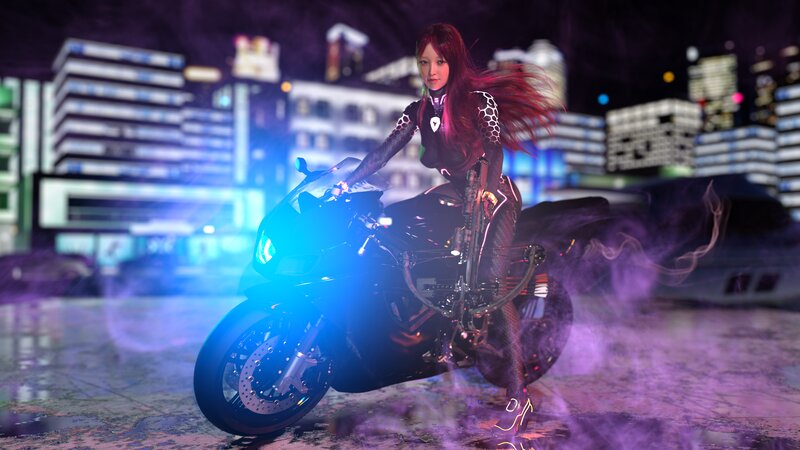 Woman on Motorcycle — Purple, Dramatic, Night, Digital Art, City