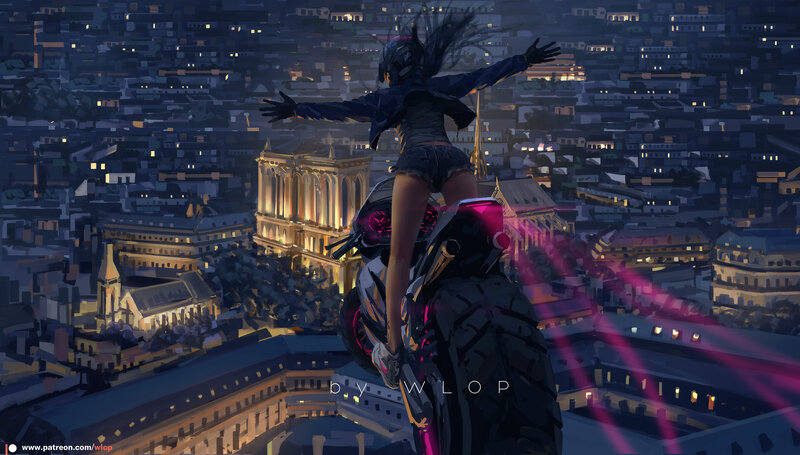Woman on Motorcycle — Purple, Dramatic, Night, Digital Art, Cityscape, Building