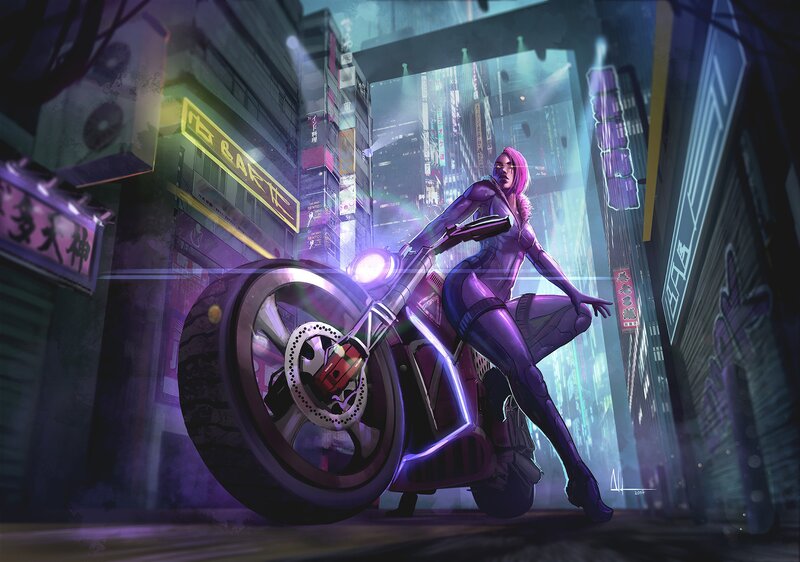 Woman on Motorcycle — Purple, Dramatic, Night, Digital Art, Neon Signs