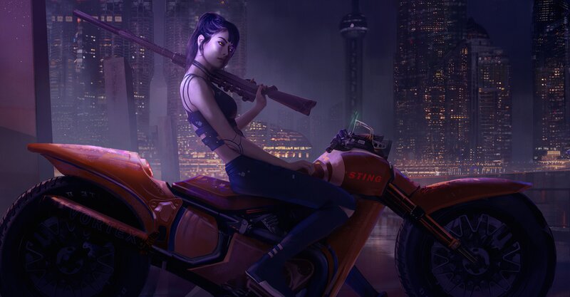 Woman on Motorcycle — Purple, Dramatic, Night, Digital Art, Rifle, Cityscape
