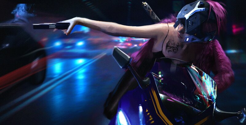 Woman on Motorcycle — Purple, Dramatic, Night, Digital Art