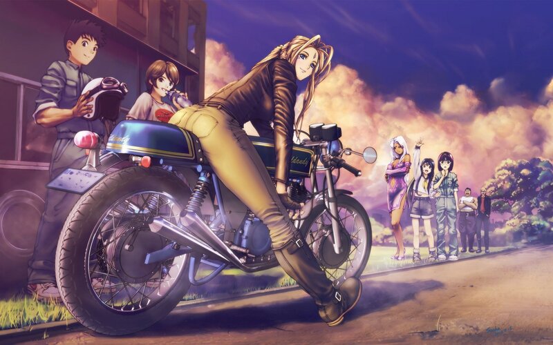 Woman on Motorcycle — Purple, Dramatic, Sunset, Anime