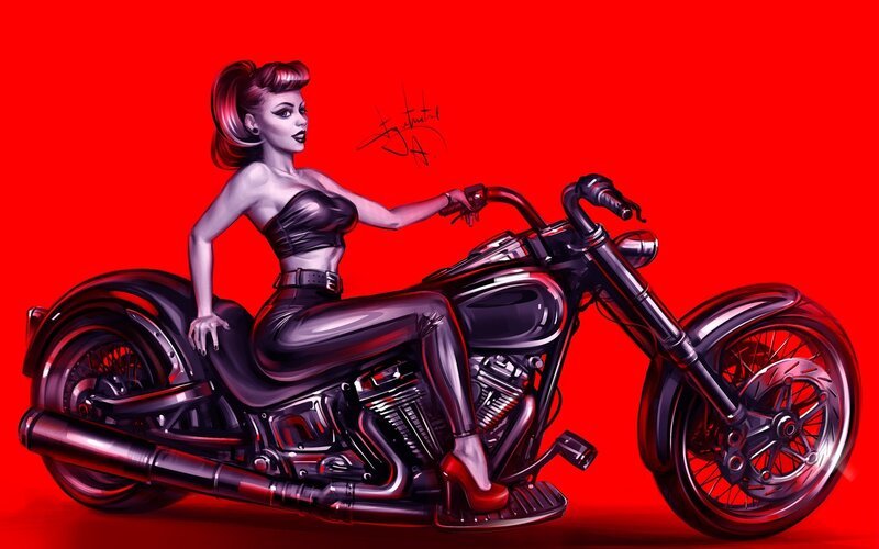 Woman on Motorcycle — Red, Dramatic, Digital Art