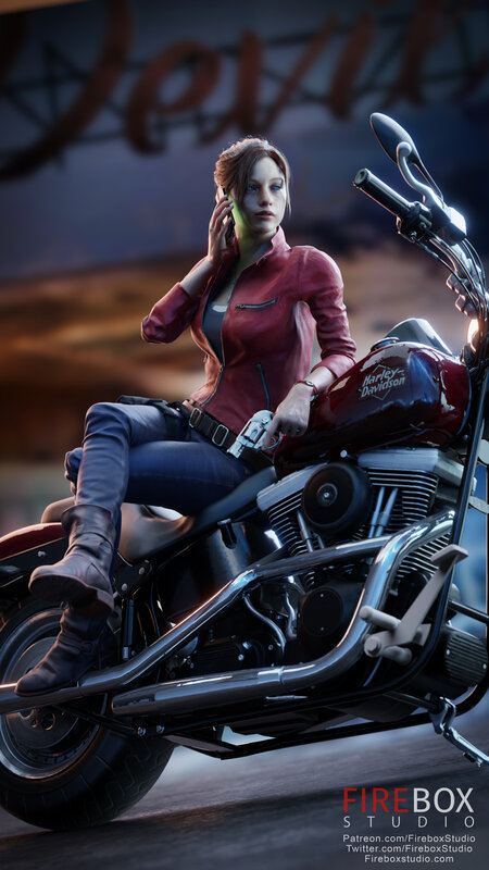 Woman on Motorcycle — Red, Dramatic, Sunset, 3d Render
