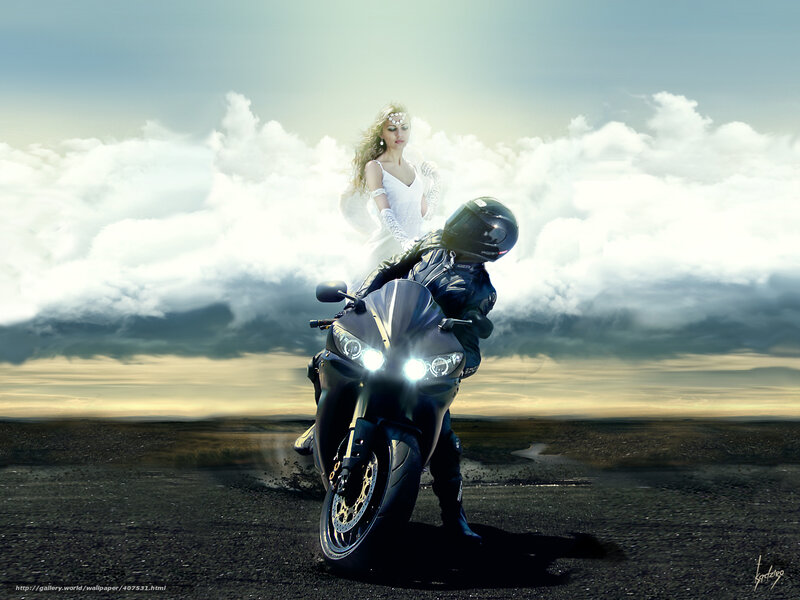 Woman on Motorcycle — White, Dramatic, Sunset, Digital Art, Clouds