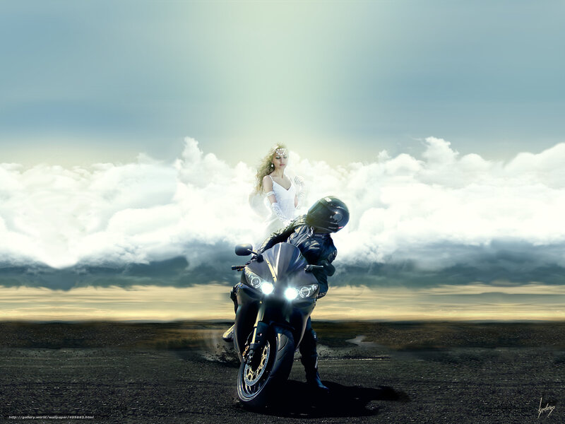 Woman on Motorcycle — White, Dramatic, Sunset, Digital Art