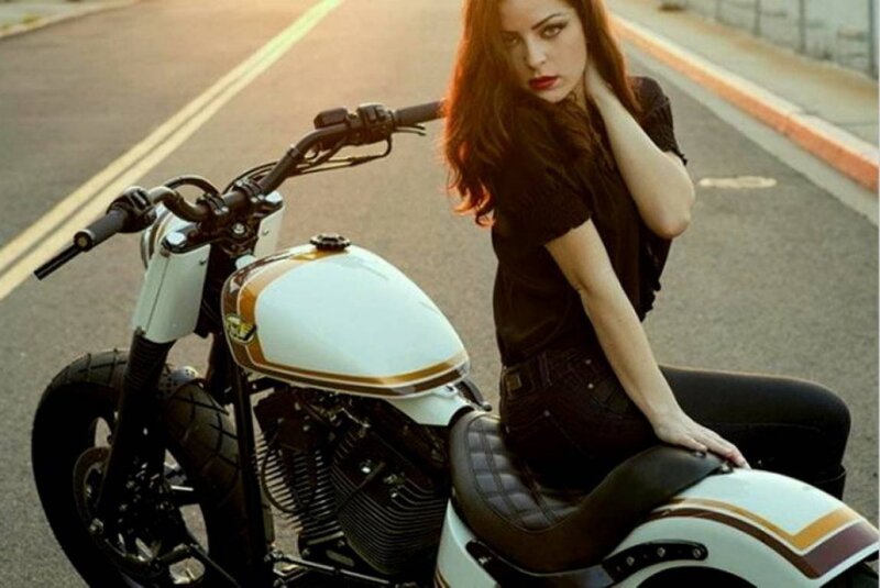 Woman on Motorcycle — White, Dramatic, Sunset