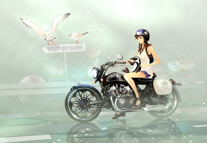 Woman on motorcycle with seagulls