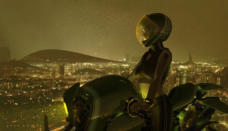Woman on Motorcycle — Yellow, Dramatic, Night