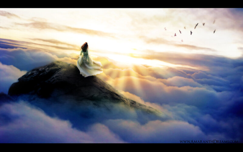 Woman on Mountain Peak — Blue, Serene, Sunset