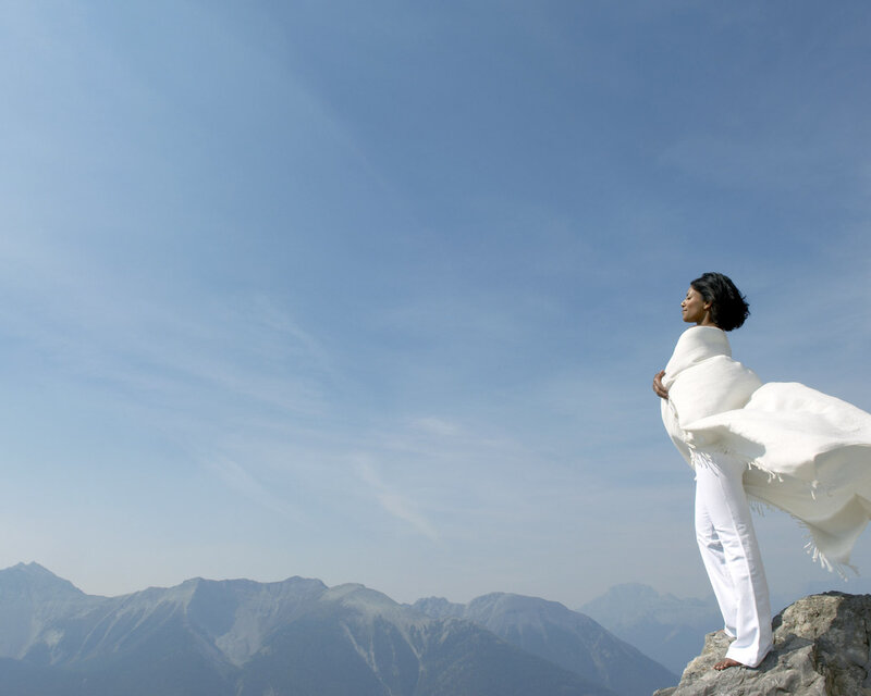 Woman on Mountain Peak — Blue, Serene
