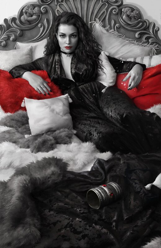 Woman on Ornate Bed — Black, Dramatic