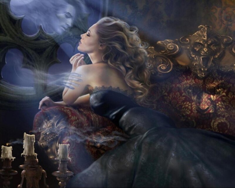 Woman on Ornate Couch — Black, Dramatic, Night, Digital Art
