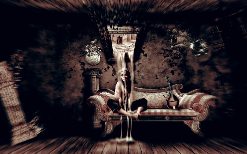 woman on ornate couch with waterfall