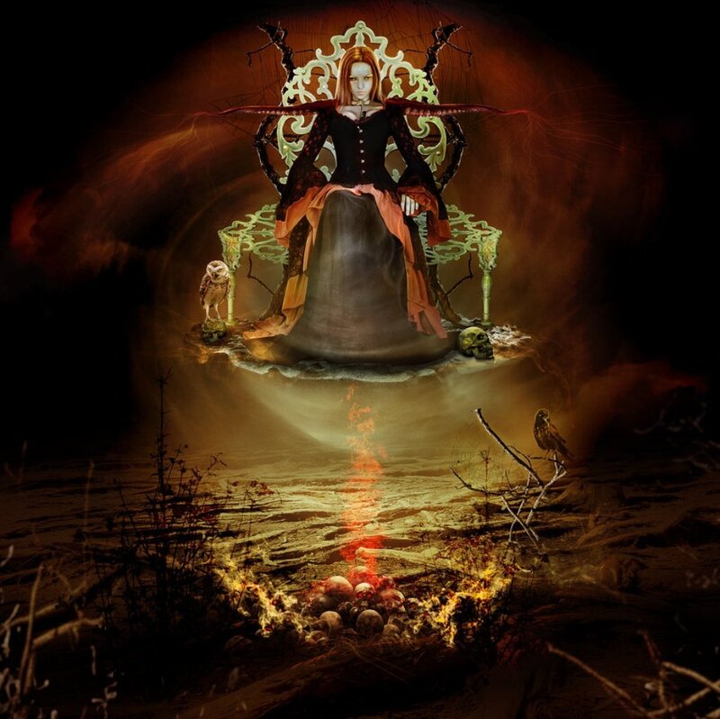 Woman on Ornate Throne — Black, Dramatic
