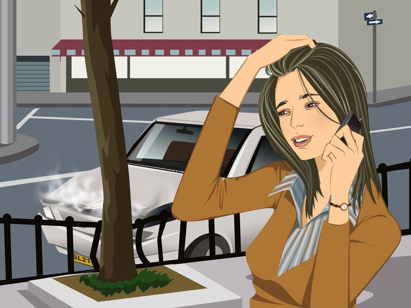 Woman on phone near damaged car
