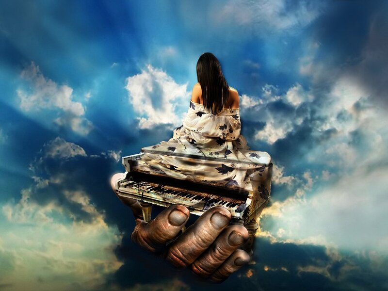 woman on piano in sky