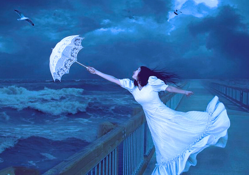 Woman on Pier with Umbrella