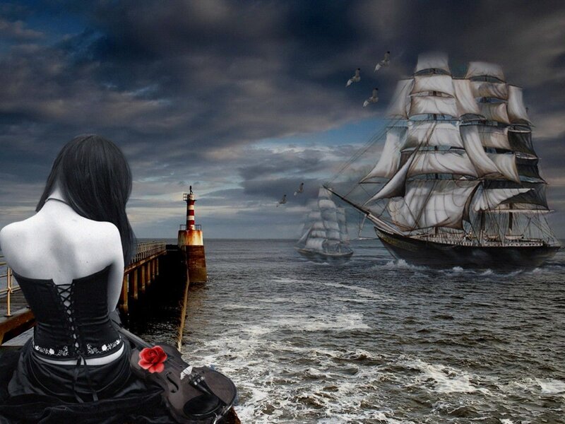 Woman on Pier with Violin
