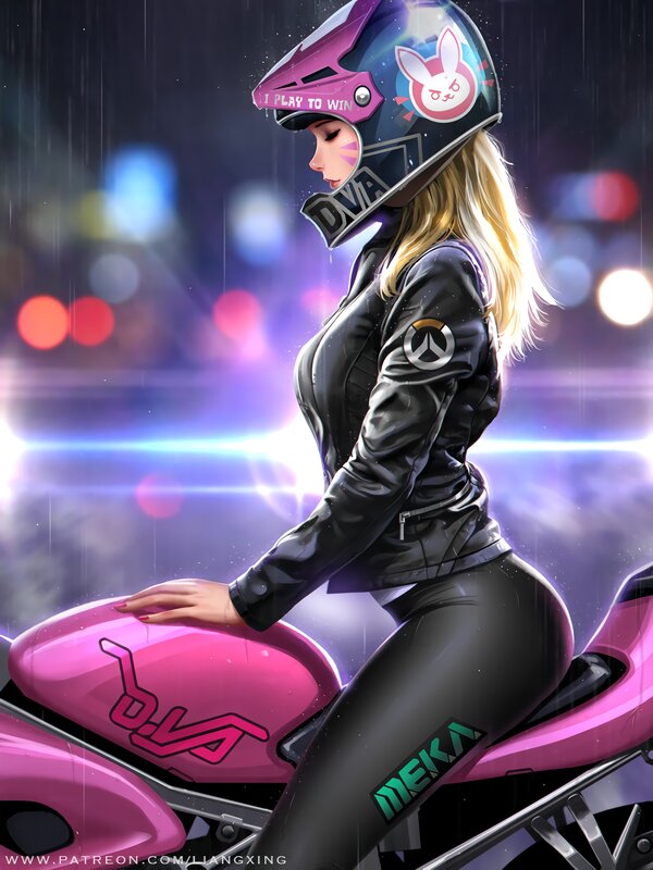 Woman on Pink Motorcycle — Dramatic