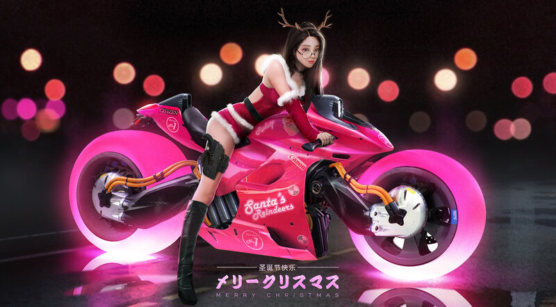 Woman on Pink Motorcycle — Festive