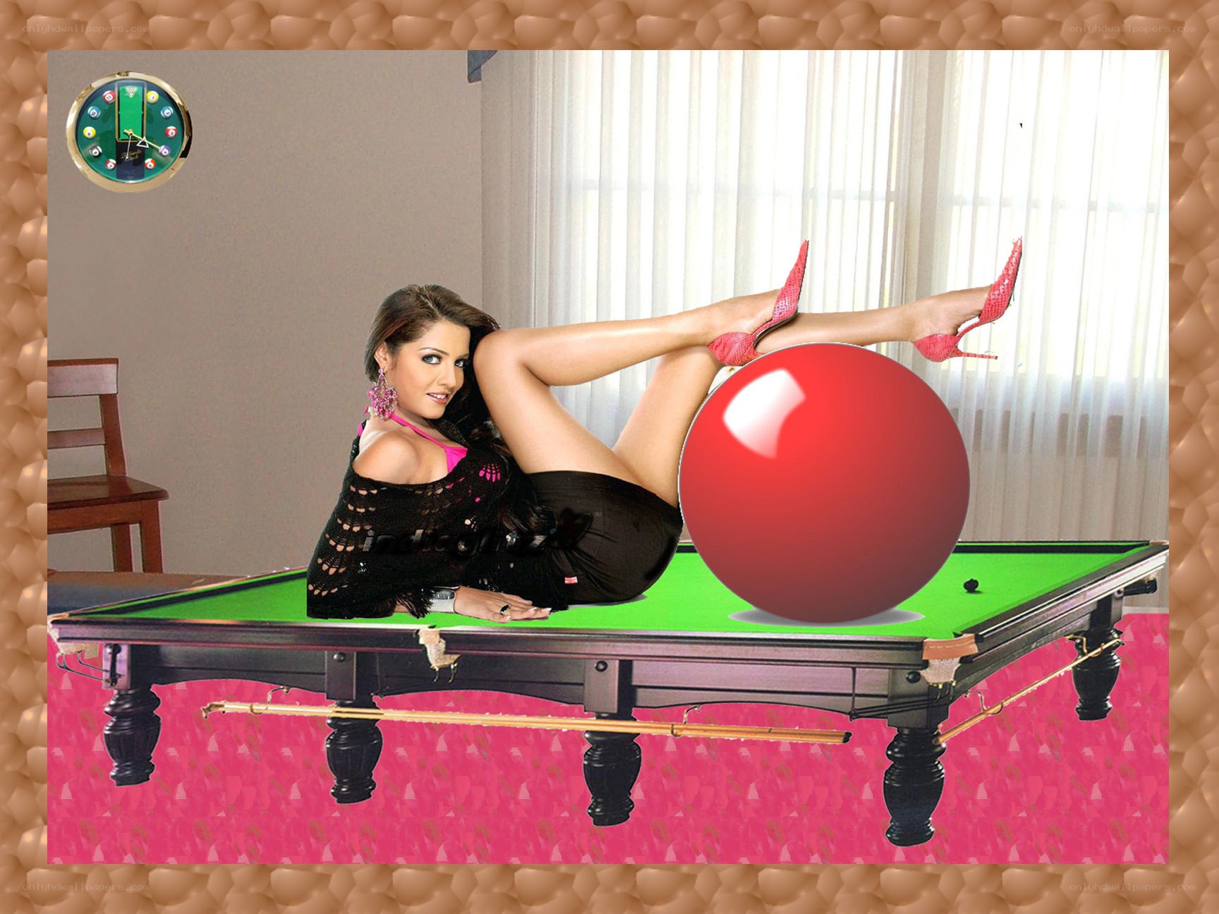Woman on pool table with red ball