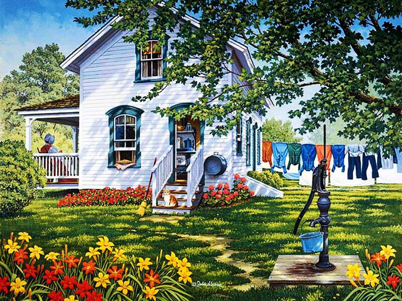 Woman on Porch with Cat
