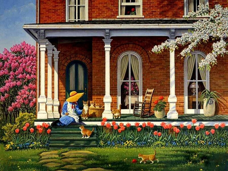Woman on Porch with Cats