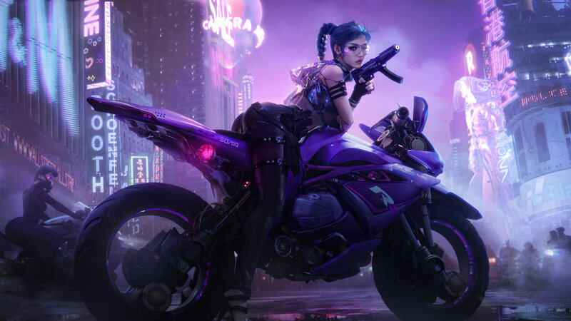 Woman on Purple Motorcycle — Dramatic, Night