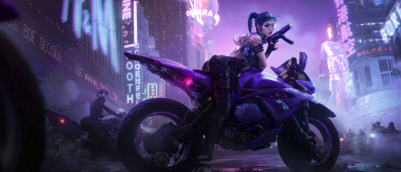 Woman on Purple Motorcycle — Dramatic