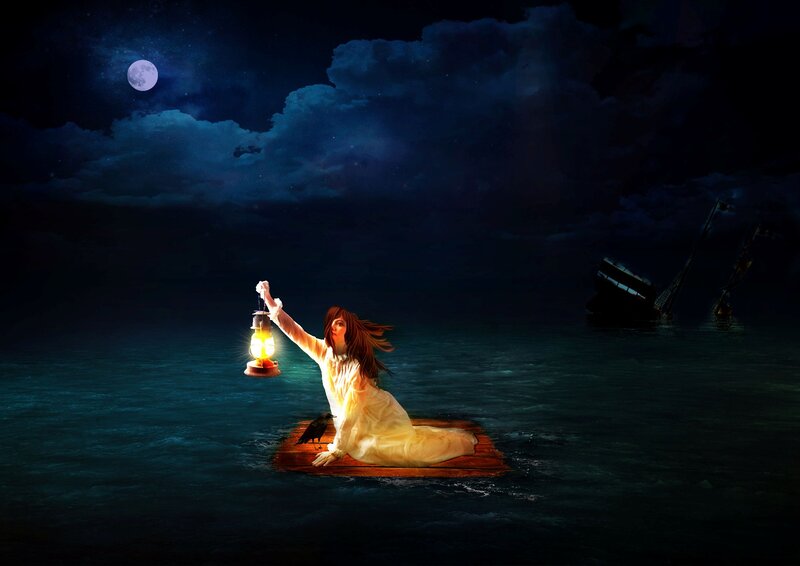 Woman on Raft at Night