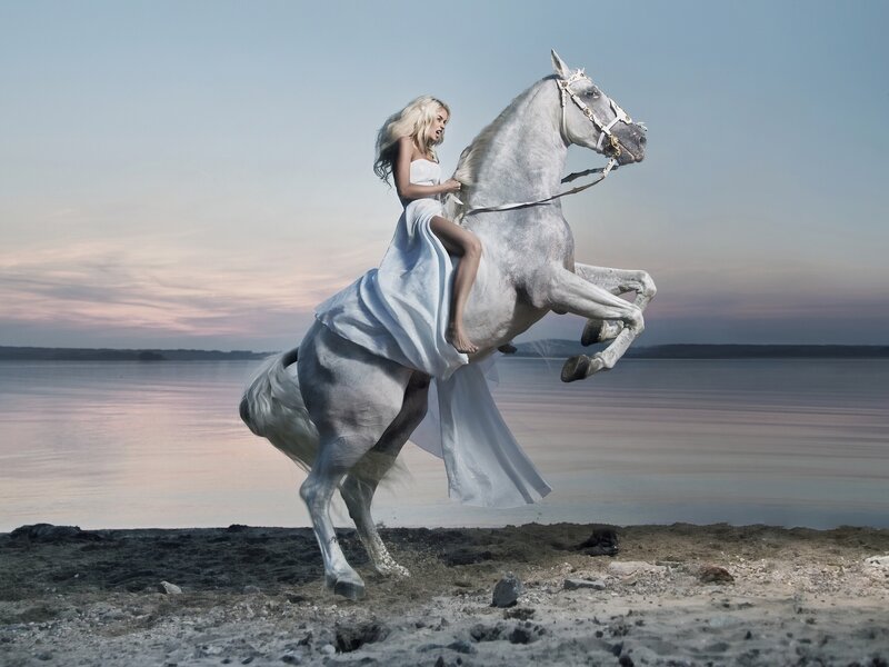 Woman on Rearing Horse — White