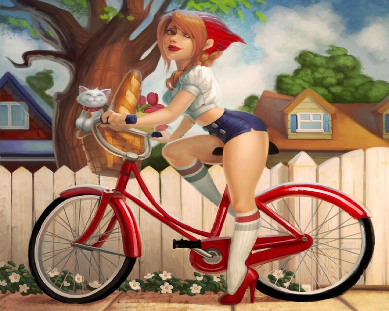 Woman on Red Bicycle — Cheerful