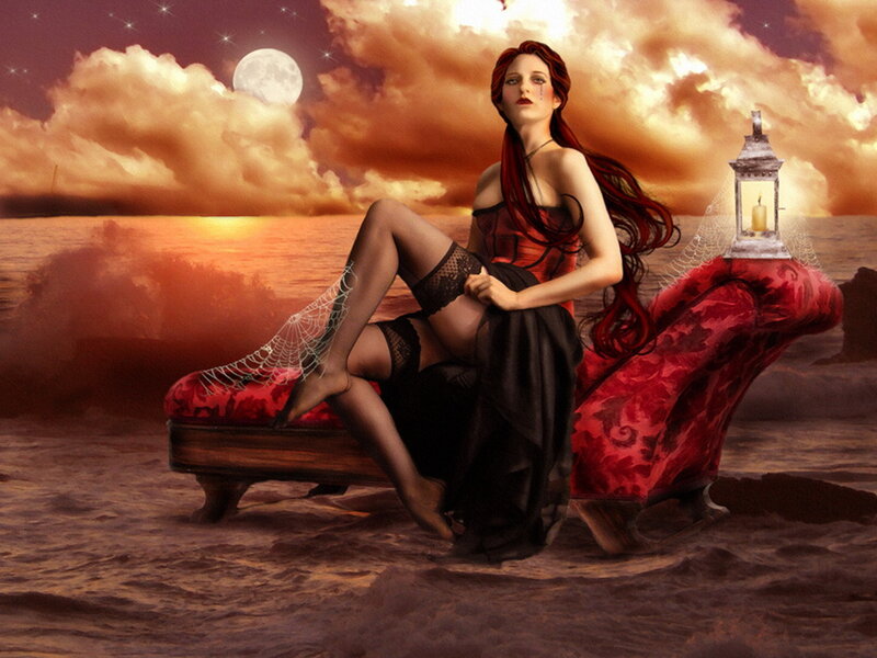 Woman on Red Chaise — Dramatic, Night