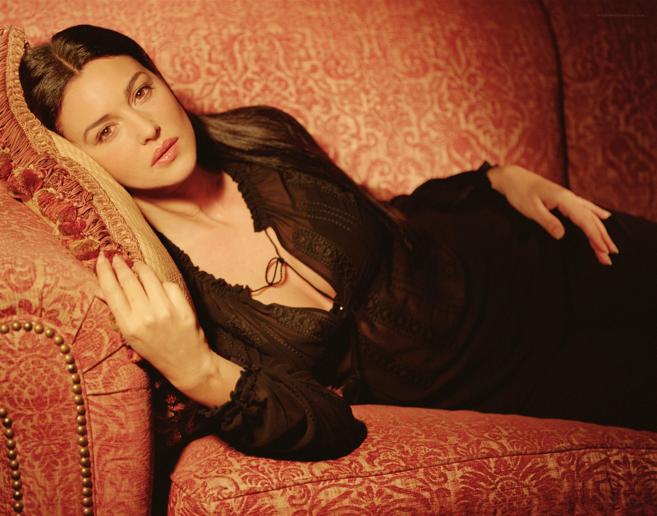 woman on red couch