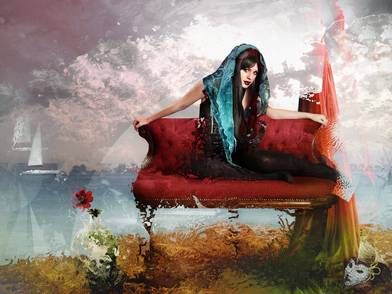 Woman on Red Couch — Dramatic, Digital Art