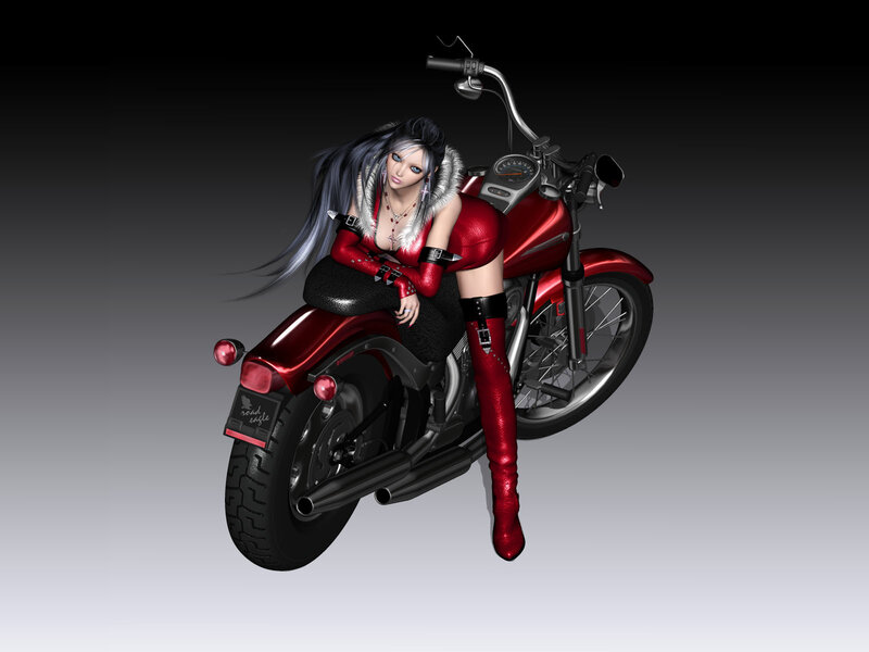 Woman on Red Motorcycle — Dramatic, 3d Render