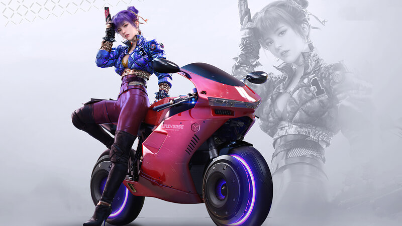 Woman on Red Motorcycle — Dramatic, Digital Art, Gun